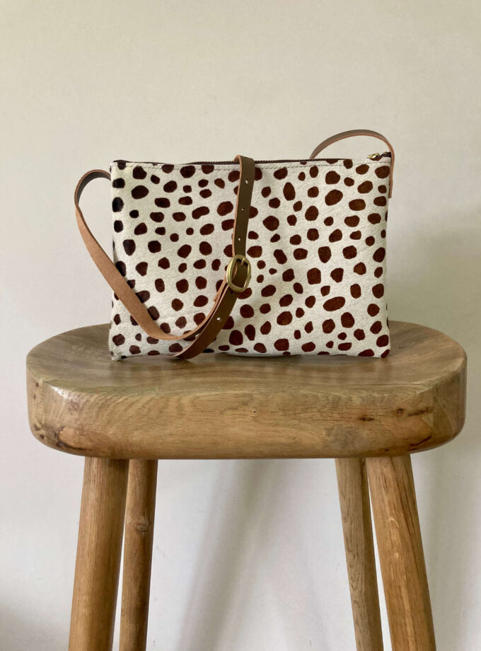 Handmade-cheetah-print-cream-and-brown-spot-gold-zip-brown-strap-wooden-stool-minimalist-style-moco